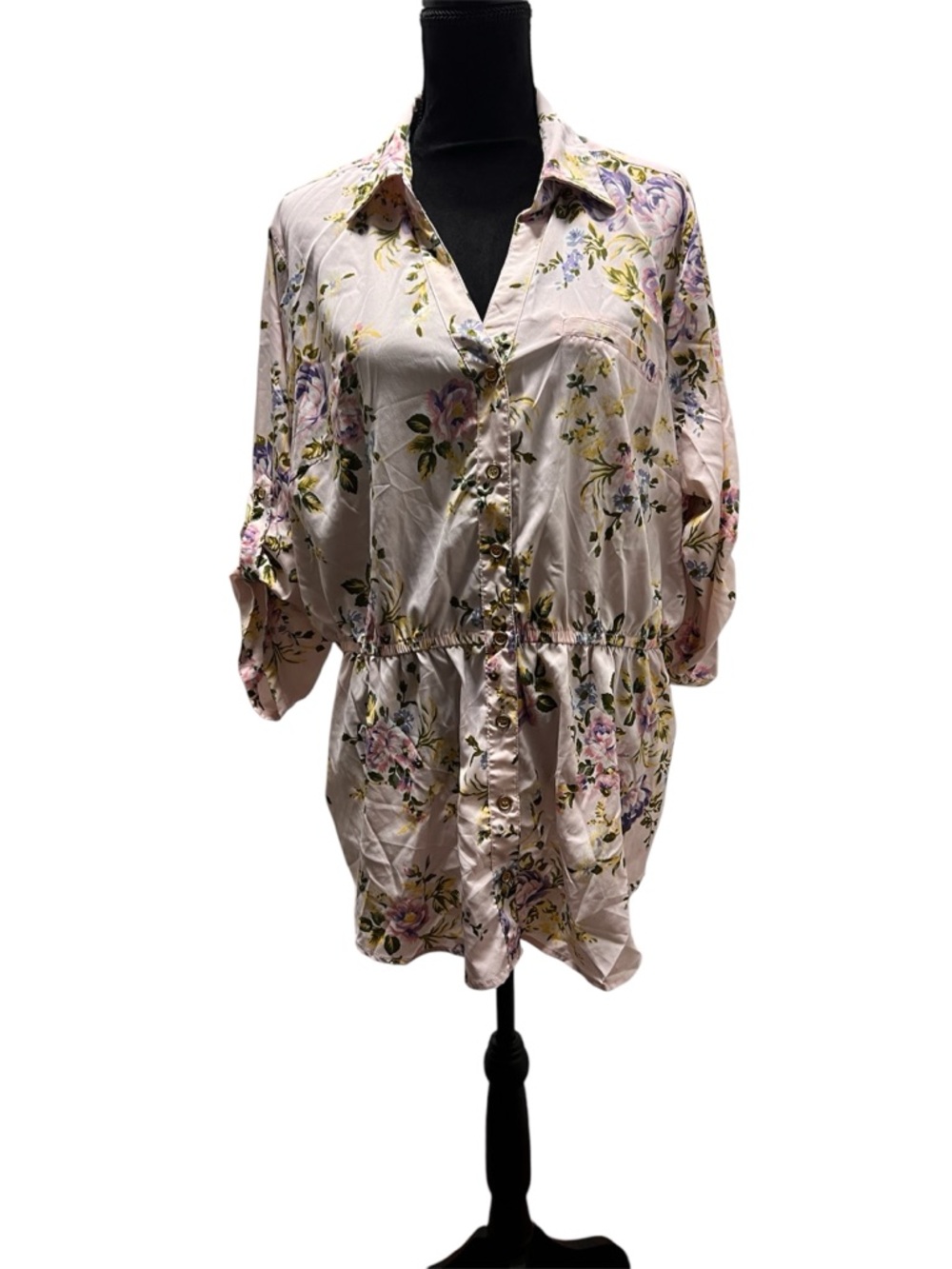 Mileage Womens Sz 3X Floral Print Long Roll Up Tab Sleeve Blouse Cinched Waist